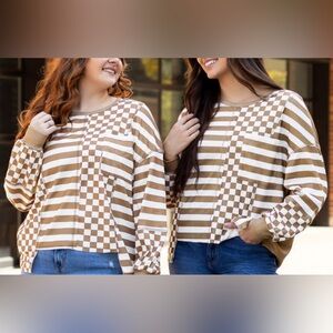 Women's Checkered Brown and White Top